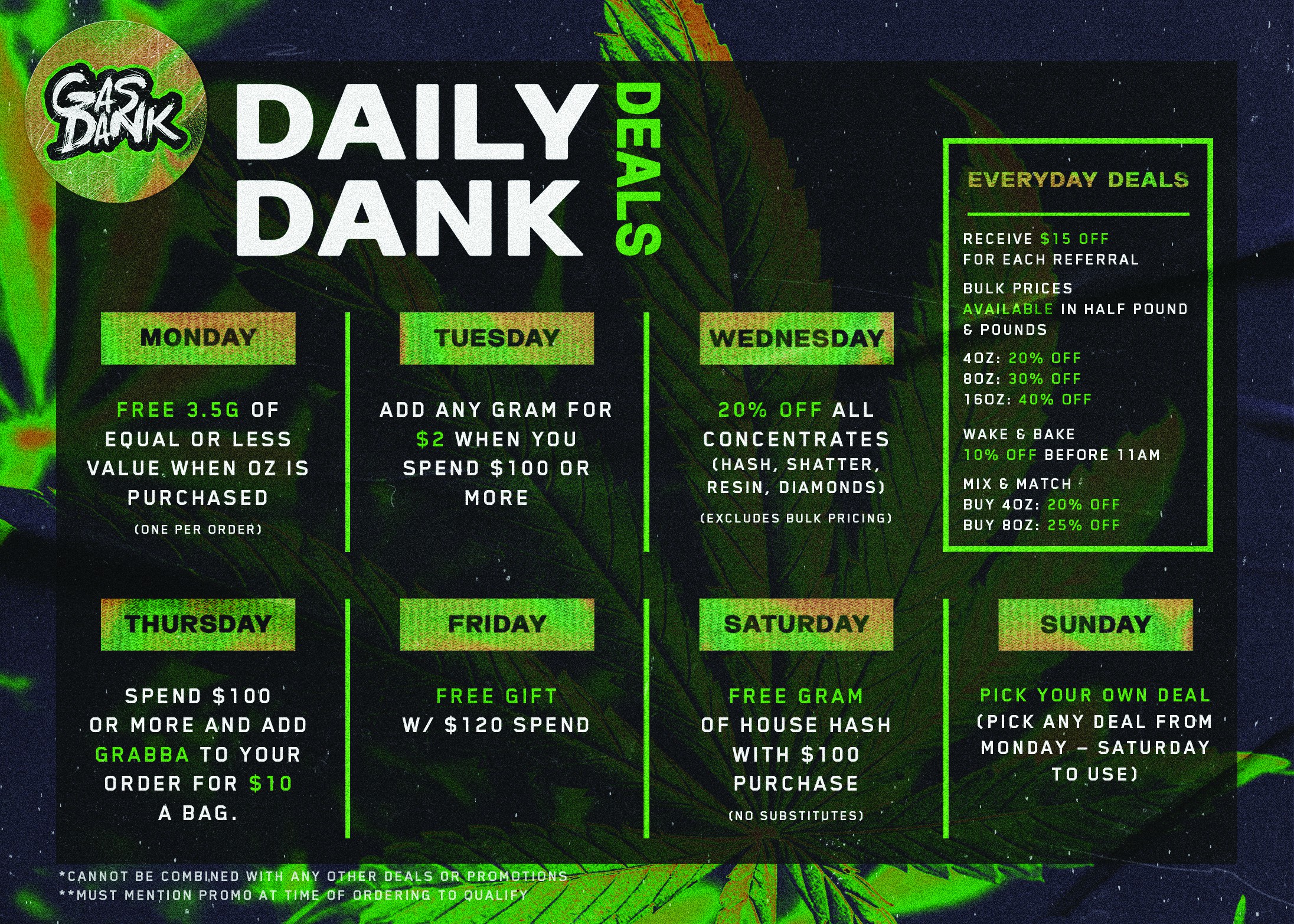 GasDank Daily Dank Deals — specials for every day of the week